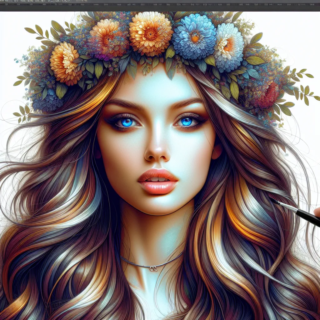 Prompt: <mymodel> a woman with long hair and a flower crown on her head is shown in a digital painting style, with blue eyes and pale skin, Artgerm, fantasy art, highly detailed digital painting, a photorealistic painting