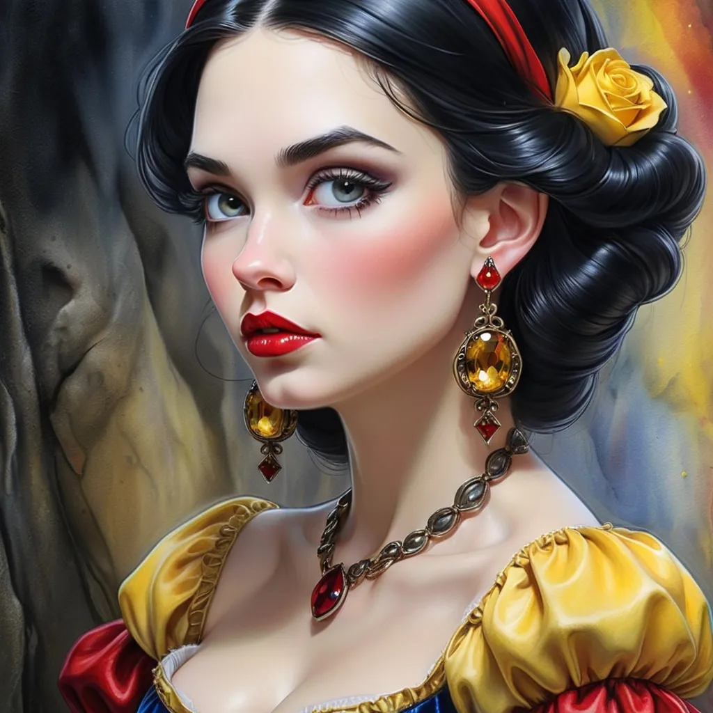 Prompt: <mymodel>Snow White.  beautiful woman, hair pinned up, yellow red black dress, earrings, Watercolor, trending on artstation, sharp focus,  by  Josephine Wall and Jasmine Becket-Griffith