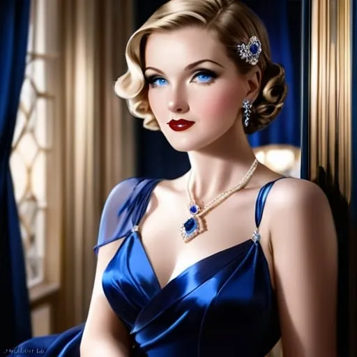 Prompt: <mymodel>Glamorously dressed 1930's lady, sapphire jewelry, blue eyes, vintage glam, luxurious satin gown, elegant updo hairstyle, detailed facial features, high-quality, vintage, glamorous, detailed sapphire jewelry, sophisticated makeup, atmospheric lighting, deep blue color tones, classic Hollywood style