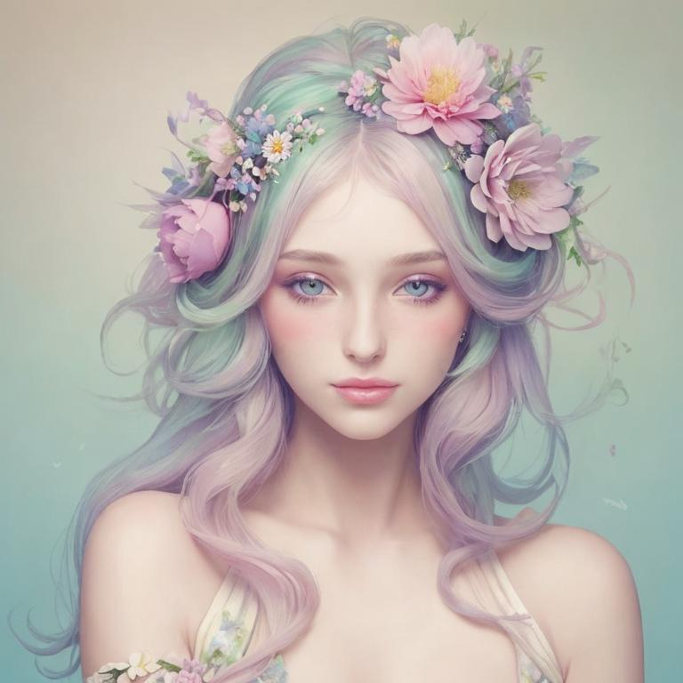 Prompt: Beautiful creation, woman with flowers in her hair, pastel colors