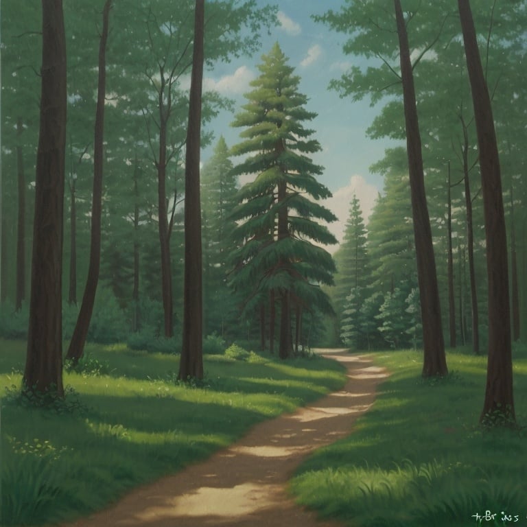 Prompt: A painting of a pth in the woods in the style of Bob Ross