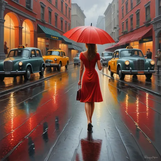Prompt: a woman in a  red dress is walking down the street with holding an umbrella in the rain, with a car and a taxi in the background, Evgeny Lushpin, figurative art, highly detailed oil painting, a photorealistic painting