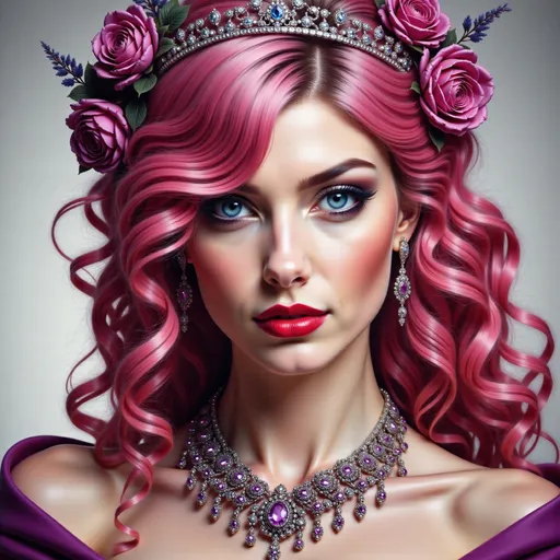 Prompt: a woman with pink hair and a necklace and earrings on her neck and chest, wearing a necklace and earrings, Edwin Georgi, photorealism, highly detailed digital painting, a photorealistic painting