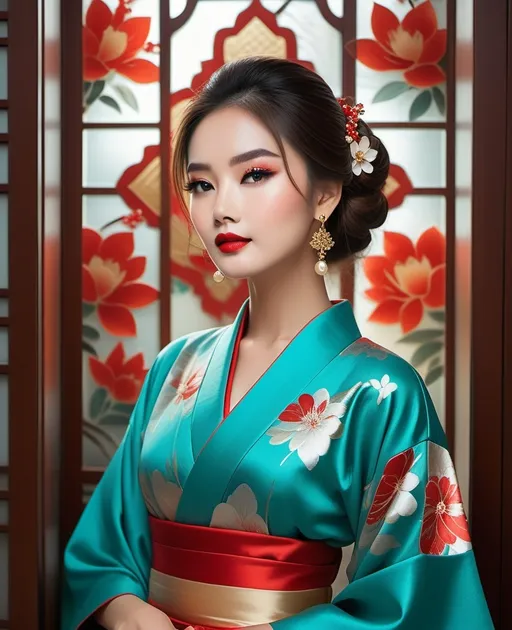 Prompt: With an enchanting gaze, a young woman adorned in a vibrant turquoise kimono stands gracefully. Her elegant outfit, embellished with delicate floral patterns and a striking red sash, is complemented by exquisite golden earrings that catch the light. The rich colors of the scene, including the vivid reds and soft pastels of the glass, create a warm and inviting atmosphere, suggesting a moment of serene beauty. Soft, natural lighting enhances her flawless makeup, highlighting her bold red lips and dramatic eye makeup, evoking a sense of both elegance and traditional charm. Surrounded by blossoms, the scene radiates a harmonious blend of tradition and modernity, framing her as an embodiment of timeless grace.