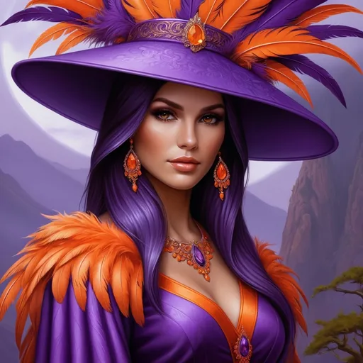 Prompt: a woman wearing a purple hat with orange feathers on it's head and a purple dress with orange trim, Anne Stokes, fantasy art, highly detailed digital painting, a detailed painting