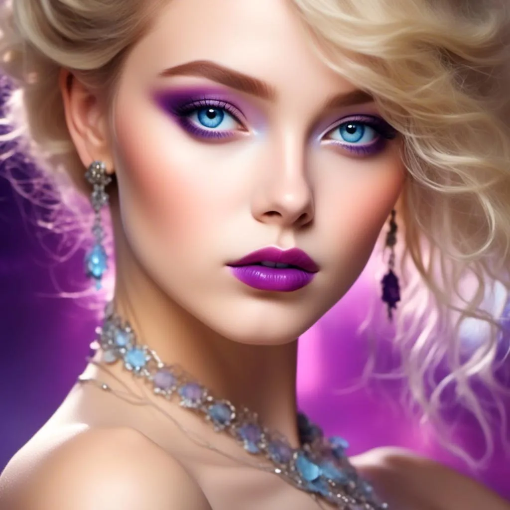 Prompt: <mymodel>Beautiful ethereal woman, long blonde hair,and icy blue eyes color, purple lipstick, facial closeup