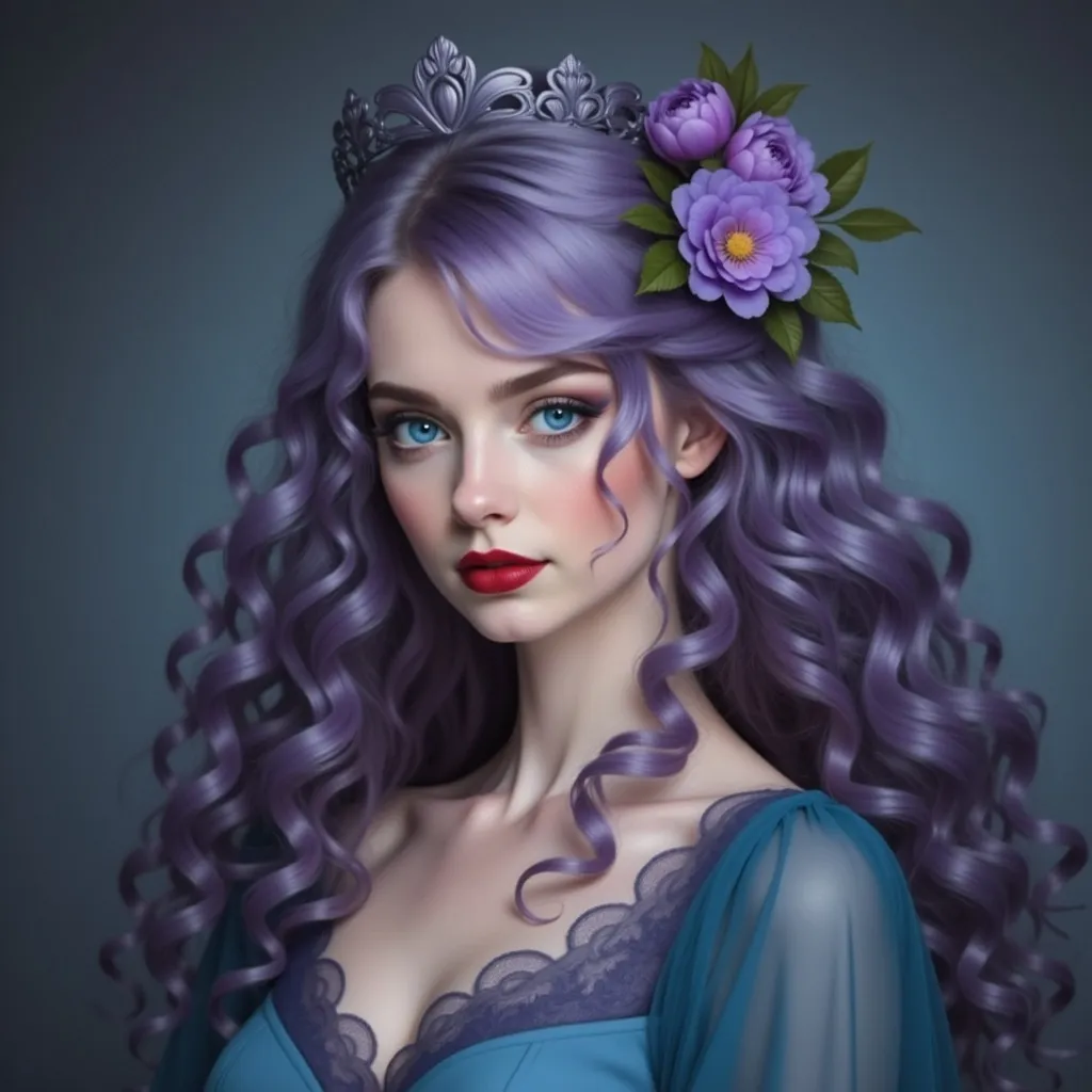 Prompt: a woman with purple hair wearing a crown and flowers on her head, with a blue background and a blue background, Charlie Bowater, fantasy art, highly detailed digital painting, a detailed painting