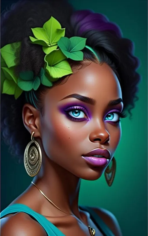 Prompt: A portrait of a beautiful black woman with colors of purple and lime green<mymodel>
