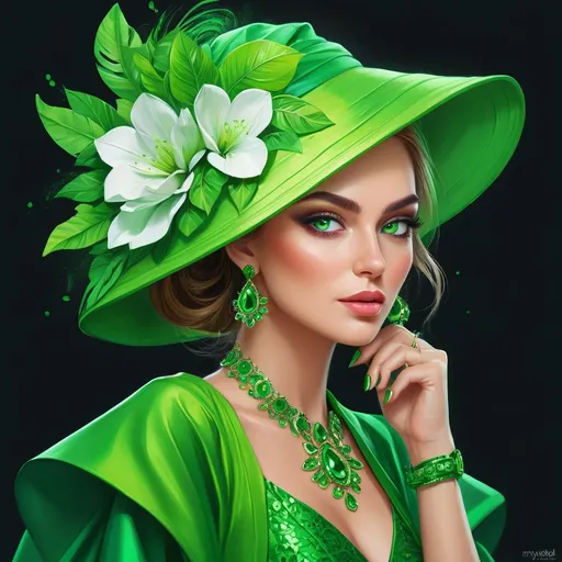 Prompt: <mymodel>Detailed illustration of a woman in vibrant green attire, large vivid green eyes, elegant makeup, digital painting, high resolution, realistic style, vibrant green, professional lighting