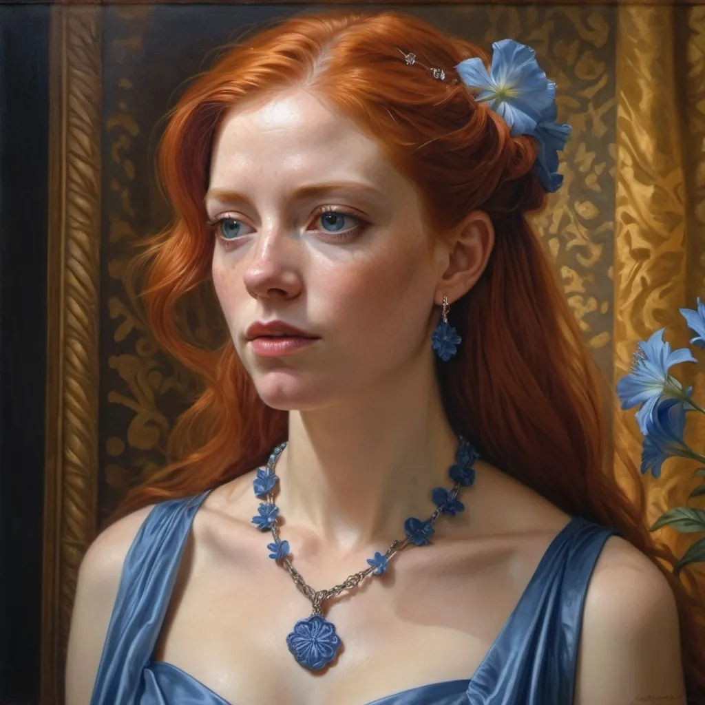 Prompt: a painting of a woman with red hair wearing a necklace and a dress with a blue flower on it, Donato Giancola, photorealism, highly detailed oil painting, a hyperrealistic painting