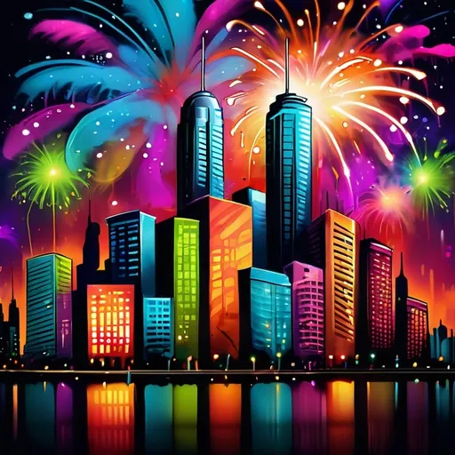 Prompt: cityscape with fireworks, high quality, graffiti style, vibrant tones, urban lighting