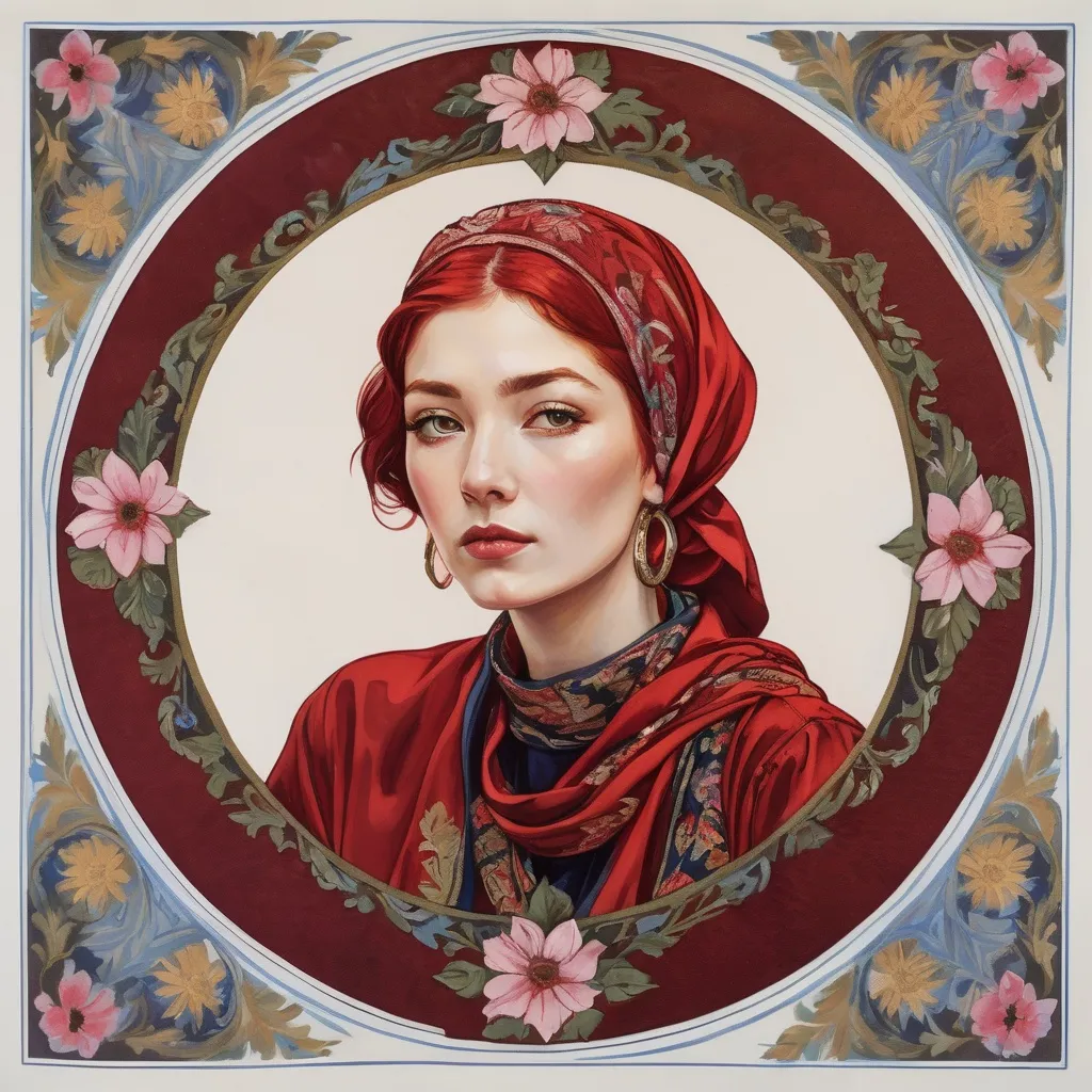 Prompt: a painting of a woman with red hair and a red head scarf with flowers on it, in a circle, Elina Karimova, qajar art, art nouveau fashion embroidered, a silk screen