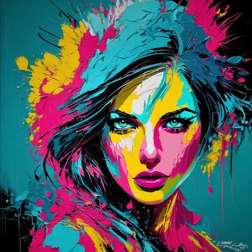 Prompt: Woman with magenta and turquoise paint splatter, abstract art, vibrant colors, high-contrast, modern art style, detailed features, dynamic composition, acrylic painting, high quality, vibrant, abstract, modern art, magenta and turquoise, high contrast, detailed features, dynamic composition, acrylic painting, professional, vibrant lighting