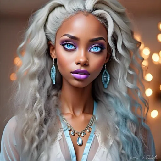 Prompt: <mymodel>Beautiful ethereal woman, long blonde hair,and icy blue eyes color, purple lipstick, facial closeup