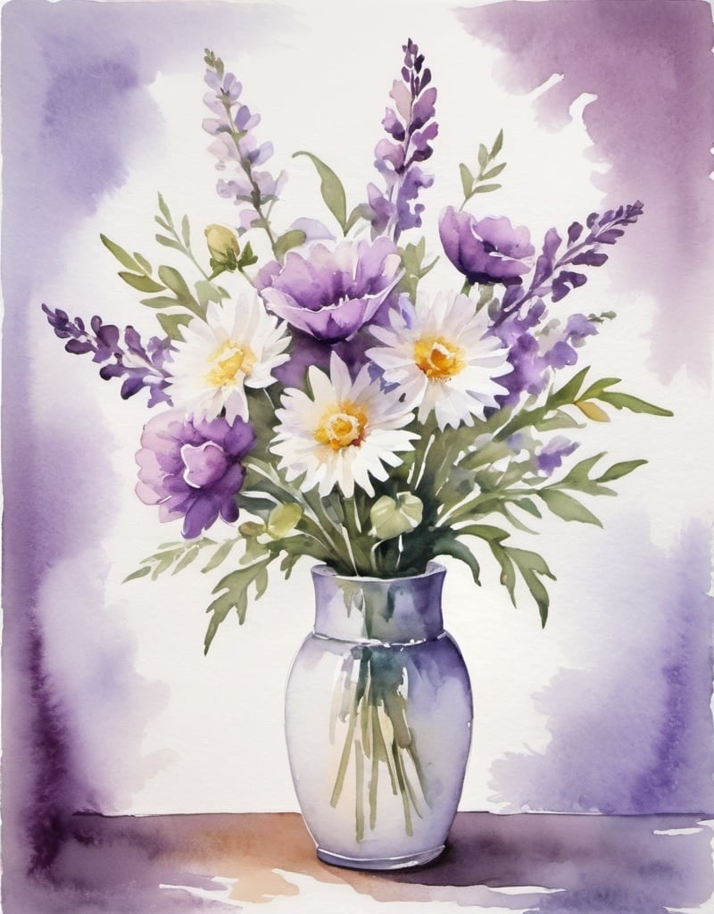 Prompt: watercolor portrait, vase with bouquet of purple and white flowers, white background