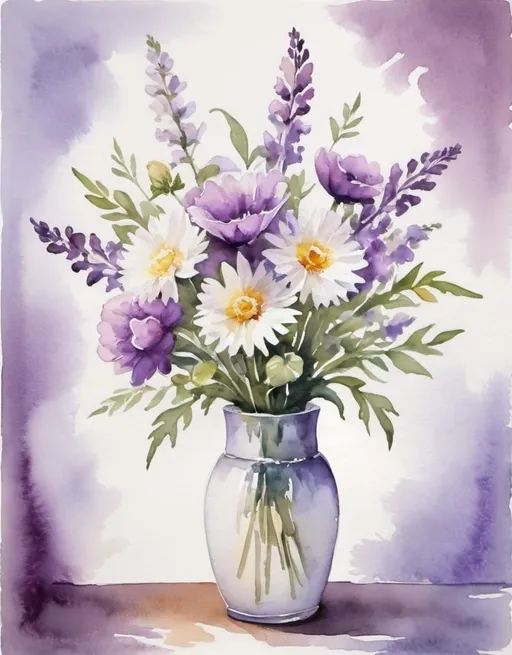 Prompt: watercolor portrait, vase with bouquet of purple and white flowers, white background