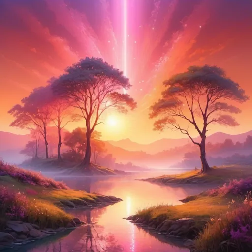 Prompt: (ethereal glow), luminous light radiating, soft illumination, vivid colors, warm ambient tones, magical atmosphere, serene background, enchanting landscapes, high detail, ultra-detailed, vibrant, dreamlike scenery, shimmering reflections, calming hues, captivating visual experience