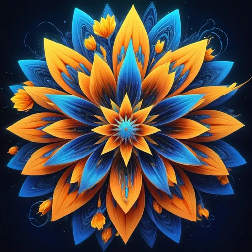 Prompt: a colorful flower with a blue background and yellow and orange petals in the center of the flower is a star, Android Jones, psychedelic art, dmt, digital art