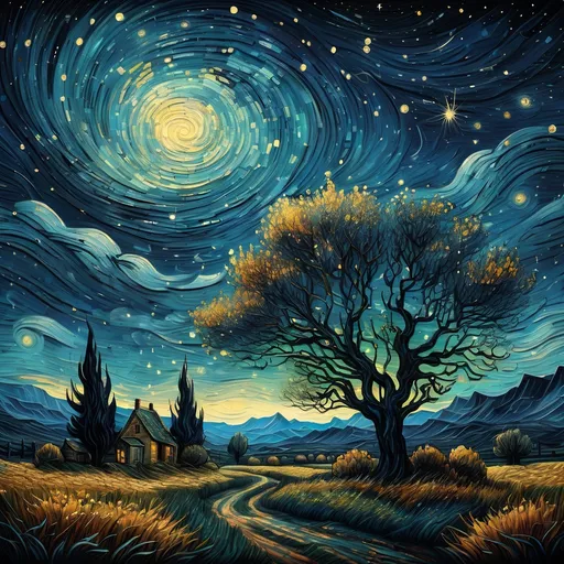 Prompt: a  landscape with a night sky background and stars in the sky,  Van Gogh sky, Dan Mumford, post-impressionism, stars, a detailed painting