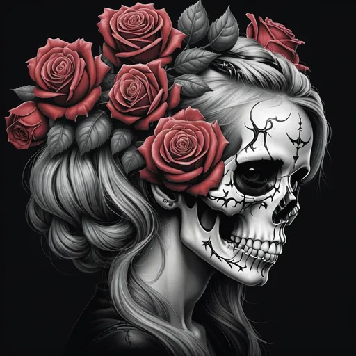 Prompt:  a skull and roses in her hair is shown in this image, the skull is painted in black and white, Dirk Crabeth, gothic art, highly detailed digital painting, a detailed painting