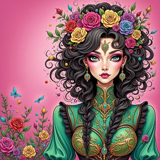 Prompt: a woman with long hair and flowers in her hair, wearing a green dress and a pink background with roses, Charlie Bowater, gothic art, highly detailed digital painting, a character portrait