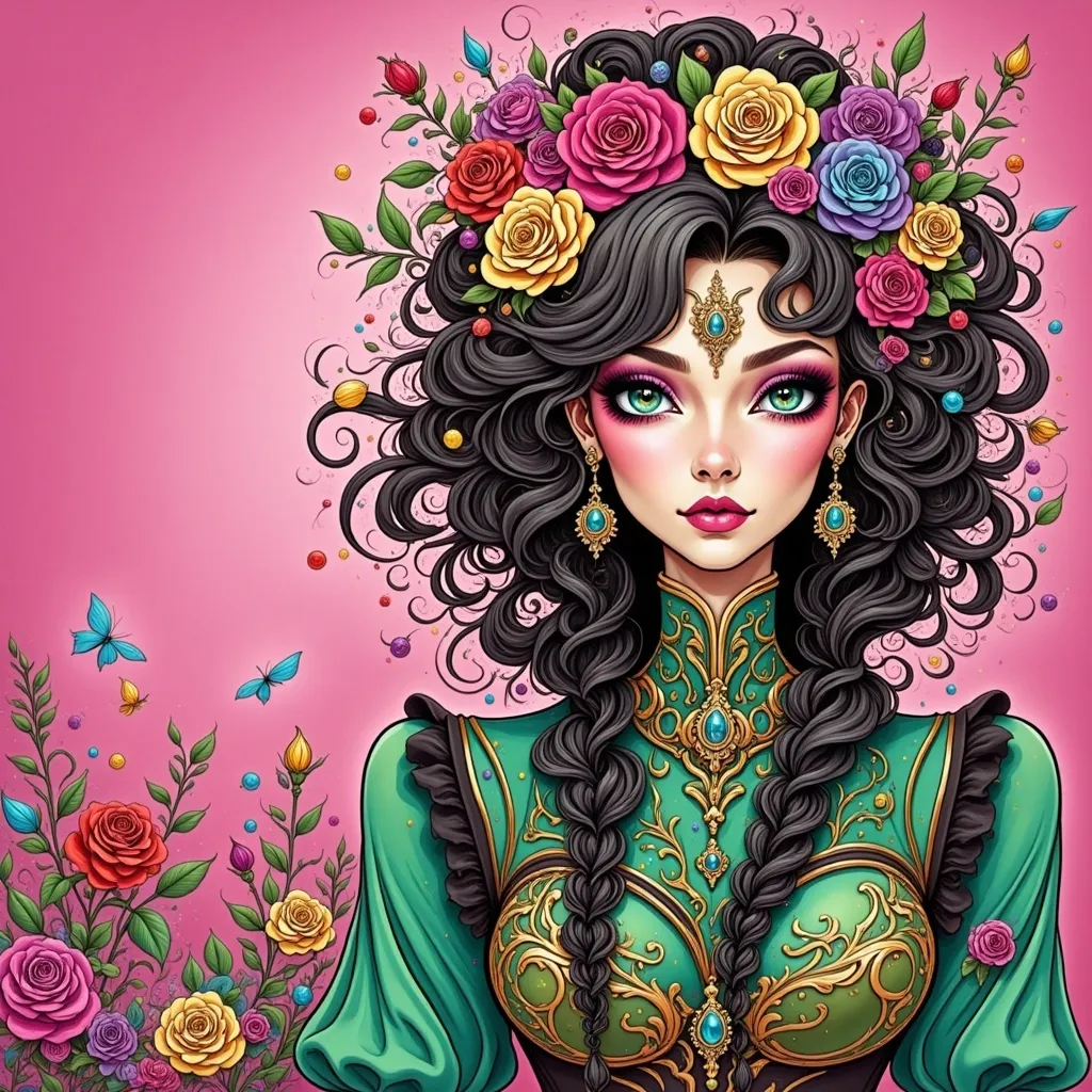 Prompt: a woman with long hair and flowers in her hair, wearing a green dress and a pink background with roses, Charlie Bowater, gothic art, highly detailed digital painting, a character portrait