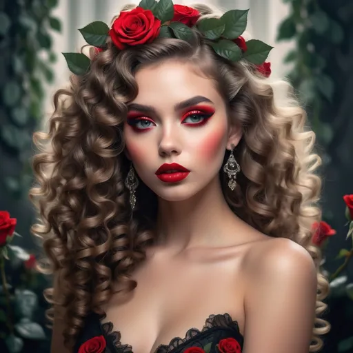 Prompt: Enveloped in a rich atmosphere of elegance and allure, a striking young woman with voluminous, cascading curls captures attention with her bold red lips and dramatic makeup, accentuating her piercing gaze. Adorned with a crown of vivid red roses intermingled with intricate black foliage, she wears a lace dress embellished with rose patterns that highlight her graceful shoulders. The background, softly illuminated by golden candlelight, creates a warm, inviting glow, enhancing the intimate and somewhat mysterious ambiance of the scene. Deep, shadowy hues enrich the composition, lending it a sense of depth and drama, while the overall styling hints at a romantic, almost gothic narrative. The image beautifully balances beauty and darkness, evoking intrigue and a touch of enchantment.
