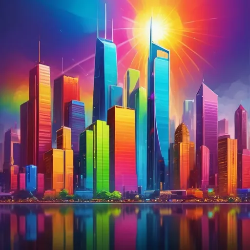 Prompt: Vibrant city skyline in rainbow colors, vivid and lively, digital art, rainbow spectrum, high energy, modern futuristic city, dynamic and colorful, vibrant lights, bright and vivid, neon rainbow, digital painting, best quality, highres, ultra-detailed, modern art, dynamic cityscape, rainbow color scheme, futuristic, energetic lighting