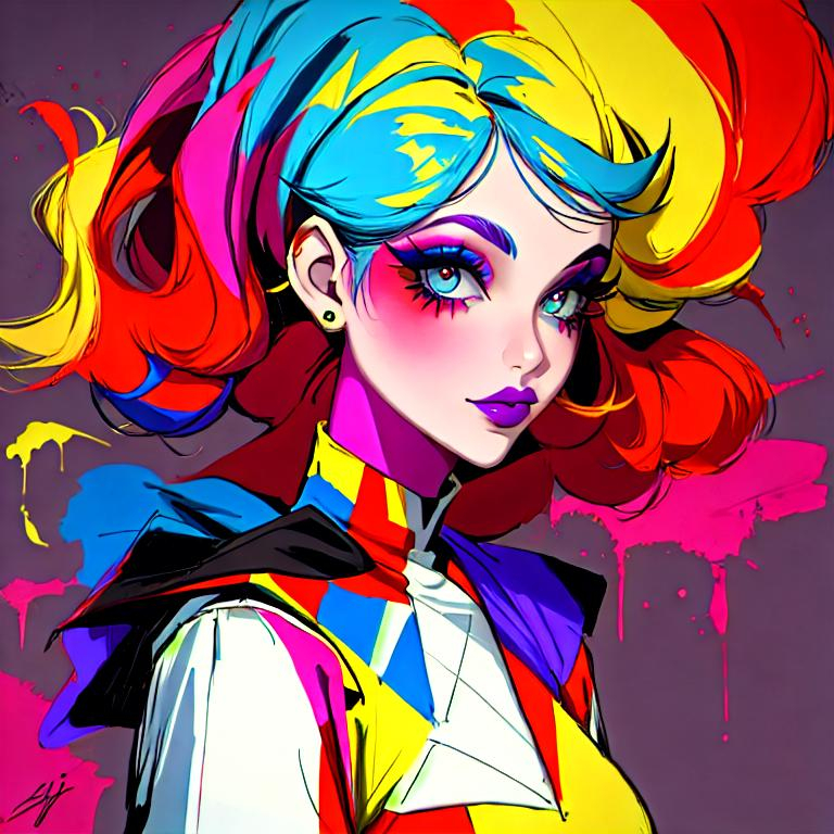 Prompt: A woman all in primary colors, pretty makeup