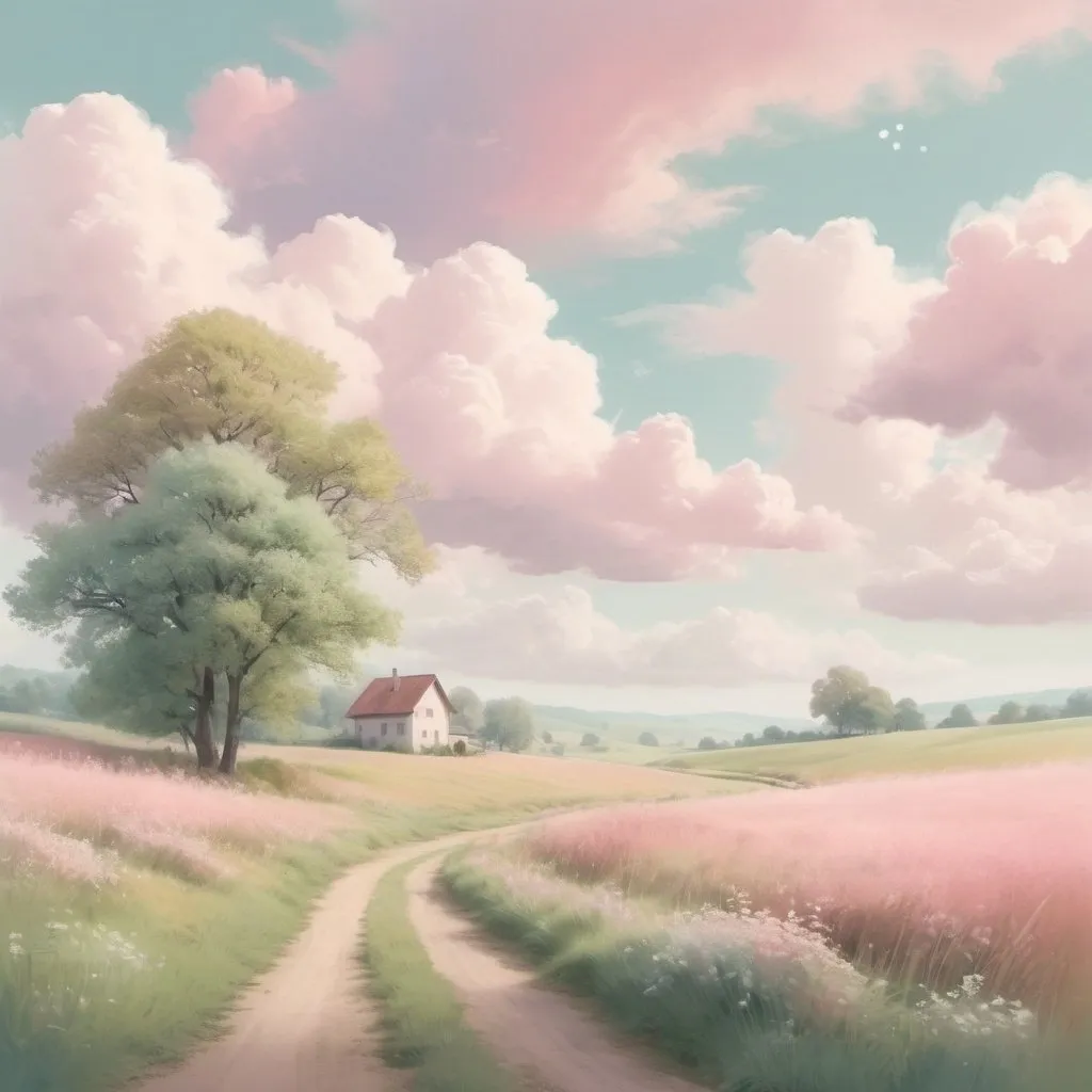 Prompt: Pastel-themed digital painting of a serene countryside, soft color palette, dreamy atmosphere, whimsical clouds, peaceful and tranquil setting, best quality, digital painting, pastel tones, serene, dreamy, countryside, peaceful, soft color palette, tranquil, whimsical clouds, highres, ultra-detailed, atmospheric lighting