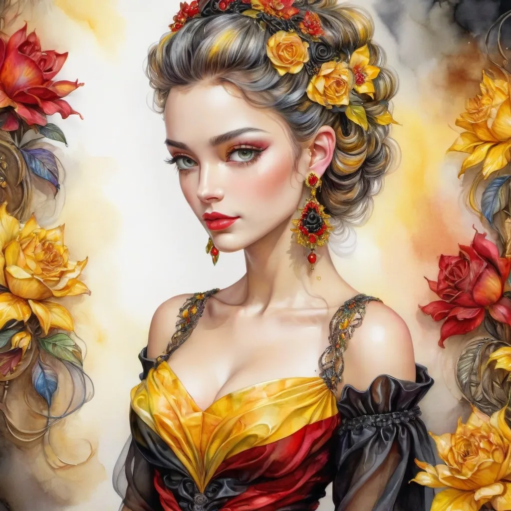 Prompt: beautiful woman, hair pinned up, yellow red black dress, earrings, Watercolor, trending on artstation, sharp focus, studio photo, intricate details, highly detailed, by  Josephine Wall and Jasmine Becket-Griffith