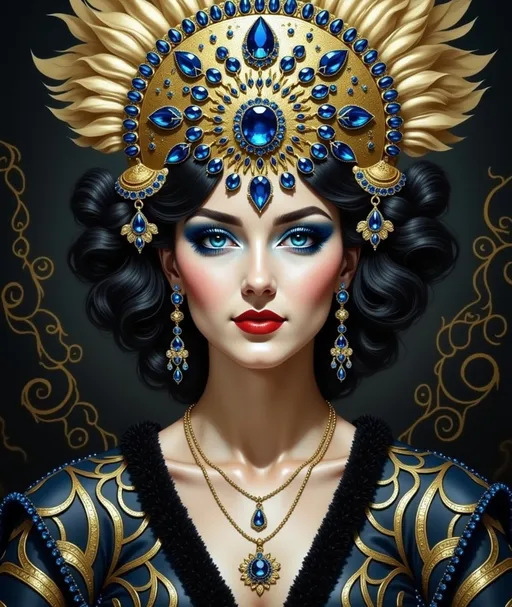 Prompt: An empress with a gold headpiece with blue jewels wearing a black dress and gold jewelry, Dirk Crabeth, art deco, orientalism, an art deco painting