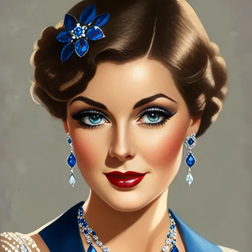 Prompt: <mymodel>Glamorously dressed lady of rhe 1930's wearing sapphire jewelry,blue eyes