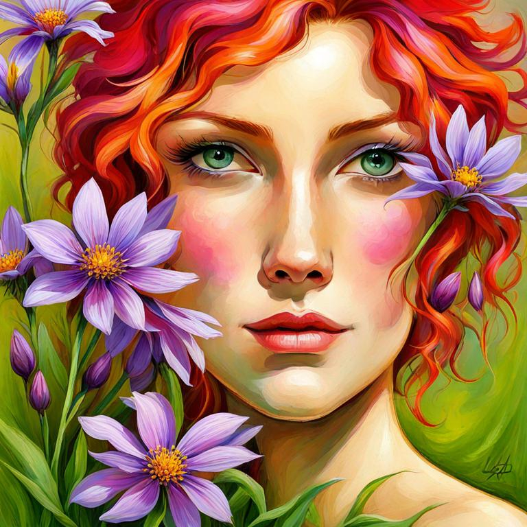 Prompt: a fairy of spring, ,wildflowers, vivid colors,  facial closeup