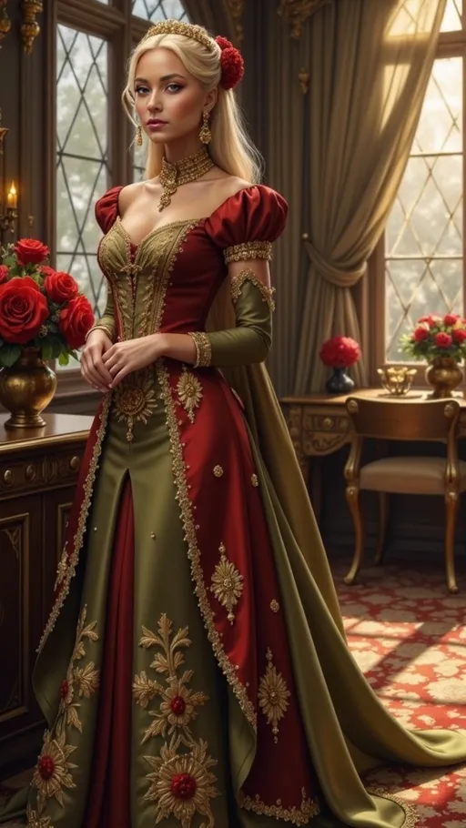 Prompt: Standing elegantly in a richly decorated interior, the young woman exudes sophistication with her striking outfit that merges opulent reds and muted greens adorned with intricate golden embroidery. Her long, flowing gown features a fitted bodice and a majestic cape, highlighting her poised demeanor as she gazes subtly to the side. The ambient light filters through large windows, casting a warm glow on the ornate wooden furnishings and vibrant red roses that adorn the scene, enhancing the regal atmosphere. With delicate floral accents in her hair and an elegant expression, she embodies a sense of grace and nobility, inviting viewers into a narrative of elegance and refinement. The overall composition harmonizes rich colors and textures, creating a captivating visual experience steeped in historical charm.