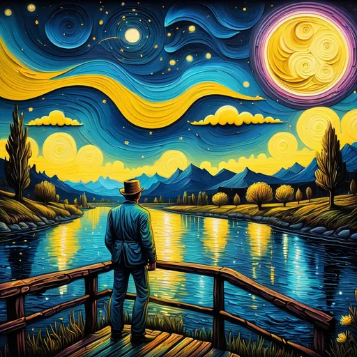 Prompt: a painting of a night sky with stars and a river with  and a full moon, Van Gogh, Dan Mumford, psychedelic art, intricate oil painting, a detailed painting