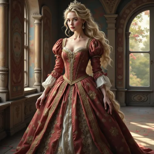 Prompt: Envision a regal 16th century royal princess, adorned in luxurious Tudor-era clothing that glimmers in shades of deep crimson and gold. Her gown features intricate embroidery and flowing sleeves, exuding an air of opulence. The princess stands gracefully in a sunlit castle chamber, where rays of warm light filter through tall, arched windows, casting delicate patterns across the stone floor. A cascade of lustrous hair, entwined with sparkling jewels and a delicate tiara, frames her serene yet confident expression. Lush tapestries hang on the walls, depicting scenes of nobility, while a distant garden can be glimpsed through an open door, vibrant flowers swaying gently in the breeze. The atmosphere is one of elegance and history, beautifully captured in a photorealistic style.