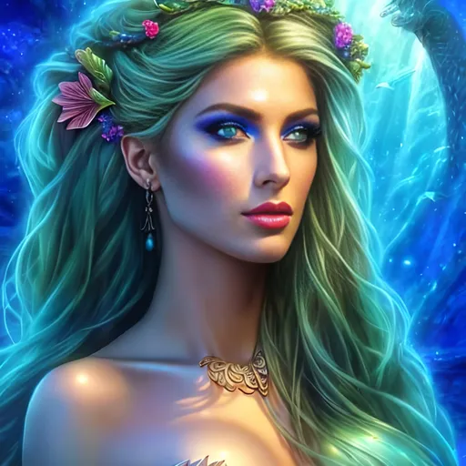 Prompt: HD 4k 3D 8k professional modeling photo hyper realistic beautiful woman ethereal greek goddess druid mermaid
cobalt blue hair olive skin gorgeous face  jewelry druid crown colored mermaid tail full body surrounded by ambient glow hd landscape under lush celtic waters

