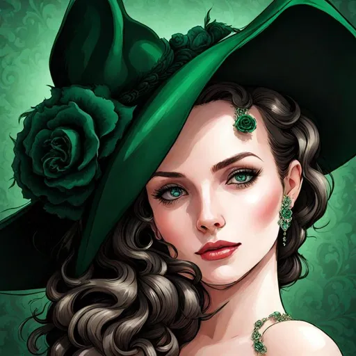 Prompt: Emerald lady wearing a emerald hat with emerald roses