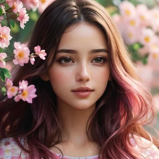 Prompt: Beautiful woman surrounded by lots of pretty pink flowers, oil painting, detailed facial features, high quality, vibrant colors, romantic, soft lighting, feminine, floral scenery, oil painting, detailed eyes, flowing hair, vibrant pink tones, luscious petals, professional, atmospheric lighting