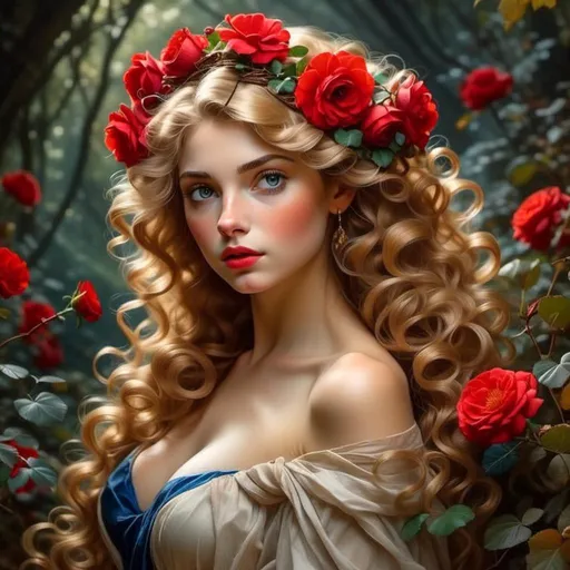 Prompt: <mymodel>Fairy tale, beautiful girl with white skin, (perfect face), light golden hair, blue pupils, red lips, forest style, mysterious, vintage fashion-dresses, with a transparent crystal crown on her head, the woman's body is so white Glows, (high detail) sitting on an oversized red rose, hyperdetail, ultra high definition.