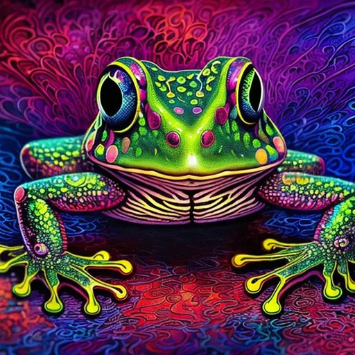 Prompt: Psychedelic spirit frog, vibrant colors, surreal shimmer, detailed psychedelic patterns, high-quality rendering, digital art, energetic, vibrant, neon tones, glowing aura, intricate details, mystical atmosphere, psychedelic, spiritual, vibrant colors, highres, ultra-detailed, digital art, surreal, intricate patterns, vibrant neon tones, energetic, glowing aura