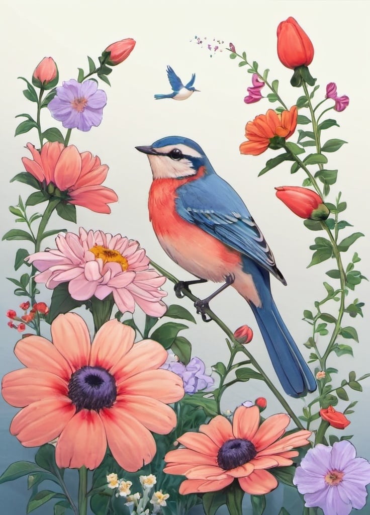 Prompt: bird and flowers