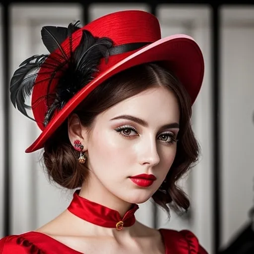 Prompt: <mymodel>fashionable 1st class  female passenger on the Titanic, pale skin, dark styled hair, large lips,  looking sad, facial closeup, vibrant colors, red dress and elaborate hat with feathers
