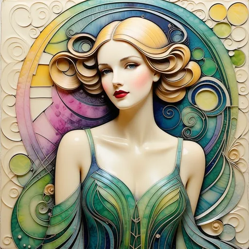 Prompt: Abstract encaustic texture, gradient inking colors, Jessica Galbreth, Irmgard Schoendorf Welch, Javier Mariscal, Charles Rennie Mackintosh, Lee Mullican style, a beautiful whimsical young woman, wonderland, decoupage.