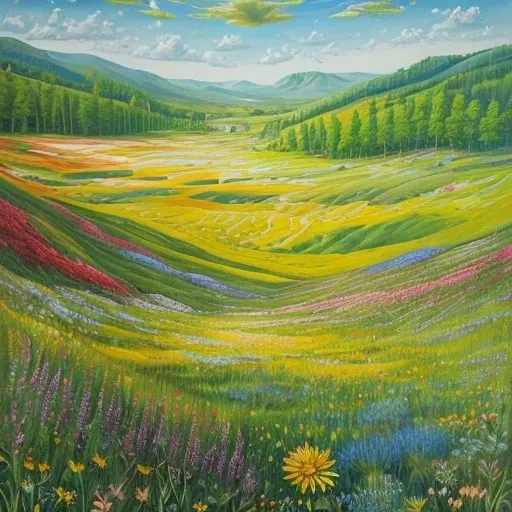 Prompt: Surreal oil painting of a serene meadow, vibrant and warm sunlight, lush greenery, colorful wildflowers in full bloom, peaceful and idyllic atmosphere, high quality, surreal, oil painting, vibrant colors, warm sunlight, serene meadow, lush greenery, colorful wildflowers, surreal atmosphere, detailed, peaceful, idyllic