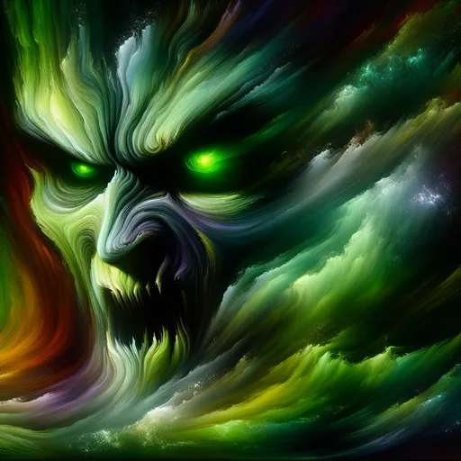 Prompt: (green-eyed monster), vibrant colors, striking green hues, dynamic interplay of shadows and light, intense expression, an ethereal and ominous aura, abstract background swirling with dark tones, evoking feelings of envy and lurking menace, high depth, ultra-detailed, emotionally charged atmosphere.