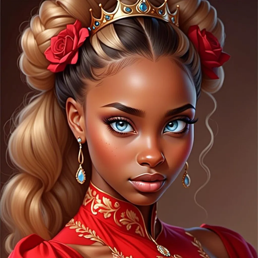 Prompt: <mymodel>High-quality digital painting of a teenage princess with blonde hair in a bun, wearing a stunning red dress, big pretty eyes, royal ambiance, detailed fabric textures, elegant crown, soft lighting, warm tones, professional, regal, detailed eyes, royal gown, digital painting, warm lighting, late teens, blonde bun hairstyle, royal ambiance