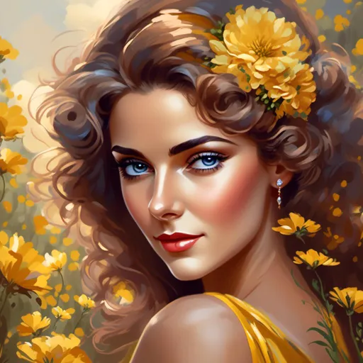 Prompt: <mymodel>High-resolution digital painting of a graceful woman, vibrant yellow flower field, realistic and detailed floral elements, soft and warm sunlight, flowing elegant dress, detailed facial features with a gentle expression, professional digital painting, realistic, detailed flowers, graceful posture, warm and soft lighting, best quality, highres, ultra-detailed, digital painting, realistic, warm tones, elegant