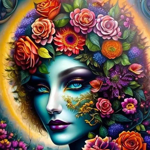 Prompt: Beautiful  hybrid woman with flowers sprouting from her, oil painting, detailed fiery eyes, ethereal glow, dark and mysterious, high quality, vibrant colors, surreal, haunting, intricate floral details, intense gaze, mystical atmosphere, oil painting, demon, hybrid, fiery eyes, ethereal, vibrant colors, surreal, haunting, floral details, intense gaze, mystical atmosphere